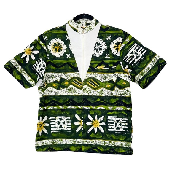 Vintage 70s Iolani Green White Pullover Hawaiian Shirt - Picture 1 of 5
